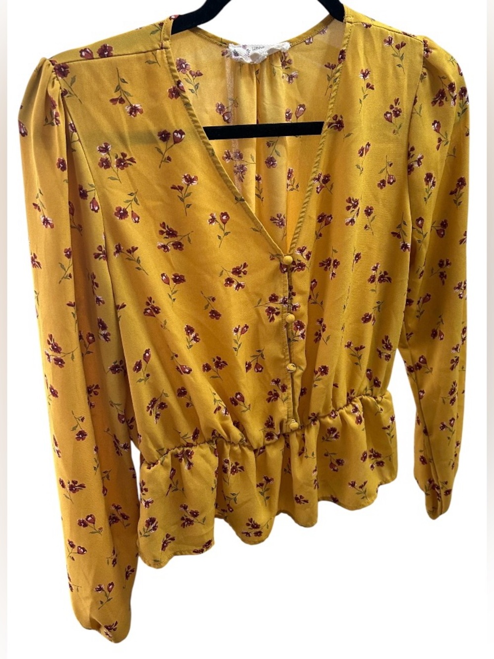Hippie Rose Women Med long-sleeve Mustard yellow floral blouse, V-neck,pendulum